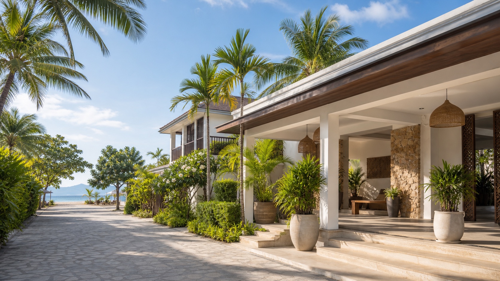 AI-assisted generic resort arrival illustration for a Hoi An hotel guide